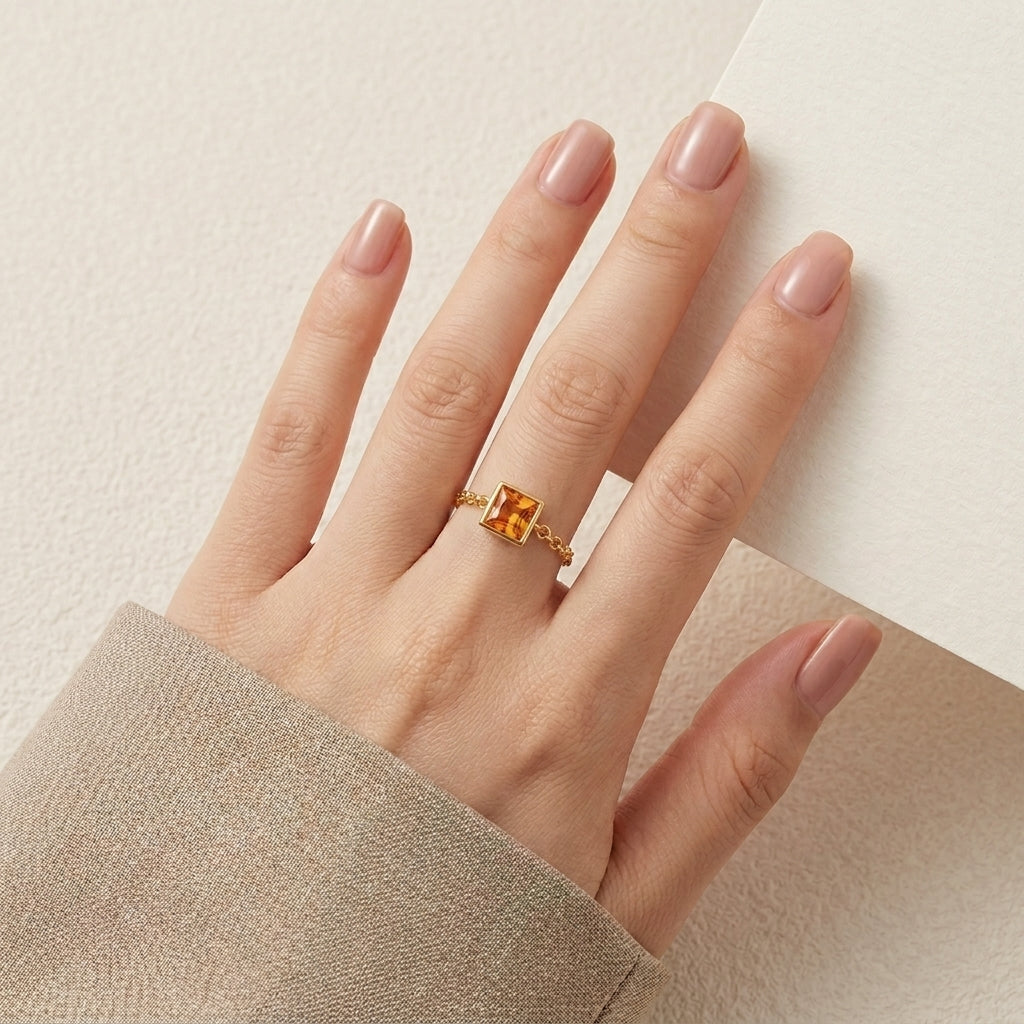 Holiday gift idea square zircon chain ring adjustable sterling silver gold plated for her