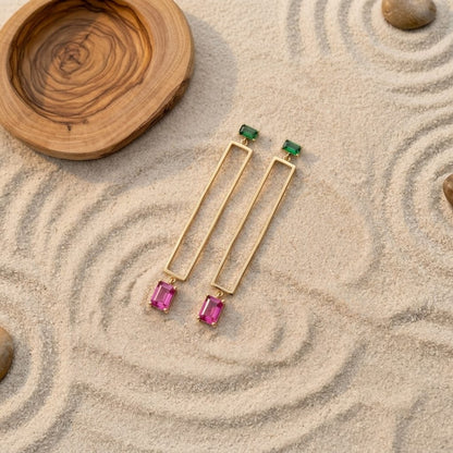 Juweries Solene earrings - architectural open bar design with two-tone cubic zirconia accents