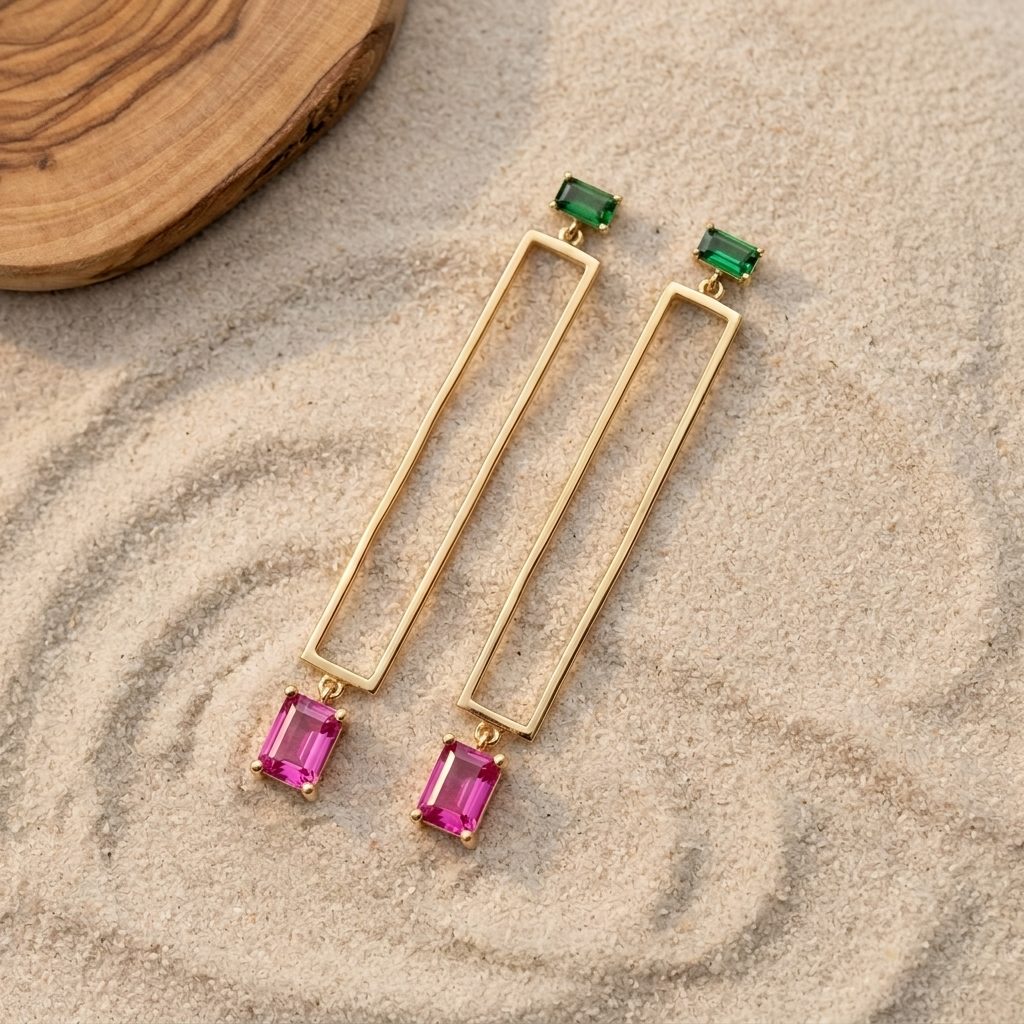 Open rectangle bar drop earrings in gold-plated finish with green and pink cubic zirconia accents