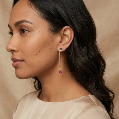 Birthday gift for her - modern gold-plated geometric drop earrings with cubic zirconia detail