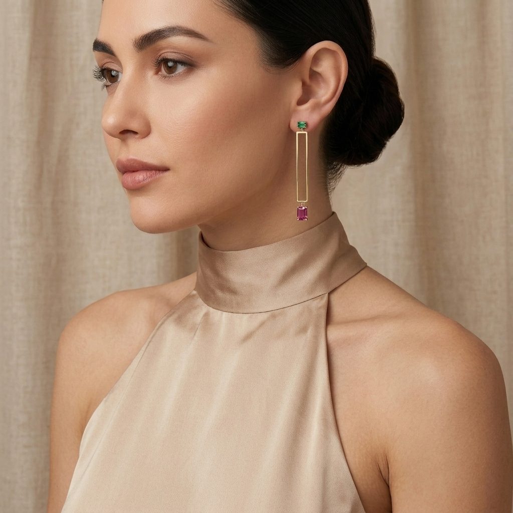 Juweries statement earrings worn on model, showing the gold-plated bar drop&