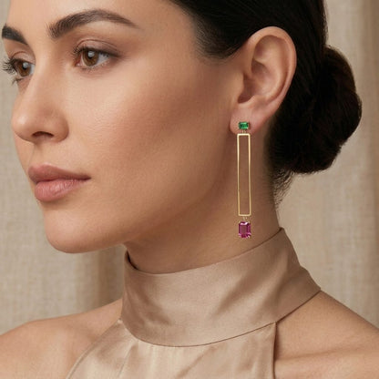 Anniversary gift idea - vivid green and pink cubic zirconia bar drop earrings, gold plated
