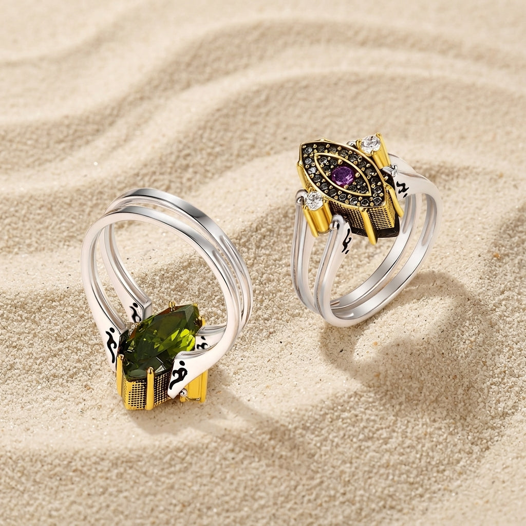 Two-sided flip ring showing amethyst and peridot cubic zirconia.