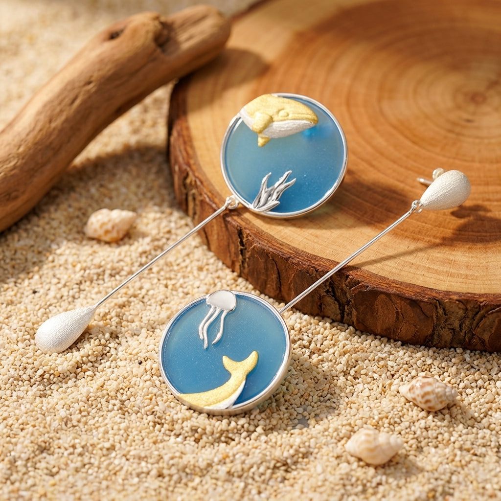 Handmade sterling silver ocean-inspired dangle earrings featuring blue Agate stones and intricate whale and jellyfish charms
