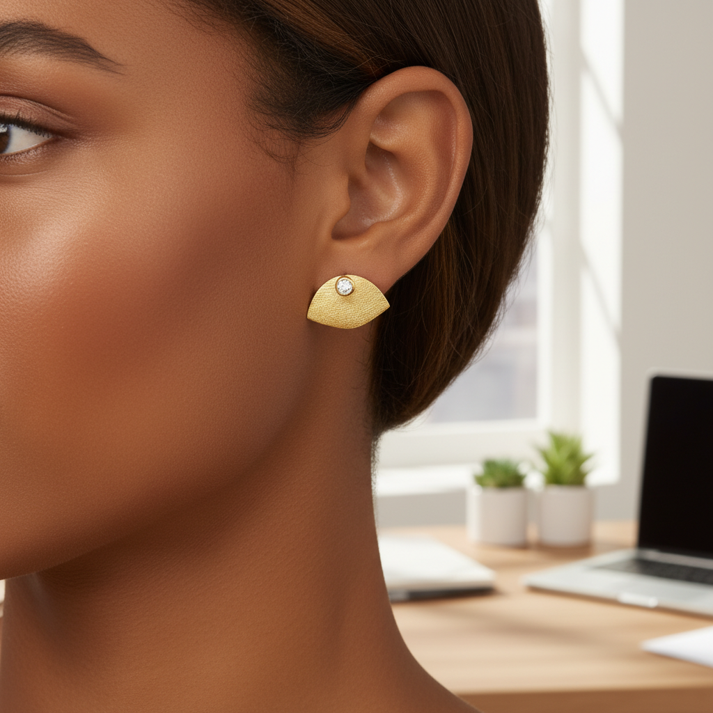 model wearing cute Handbag Design Studs in 18K Gold Plated Silver

